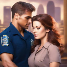 Create a romance novel cover art featuring a male EMT and a female with chestnut hair