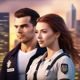 Create a romance novel cover art featuring a male EMT and a female with chestnut hair