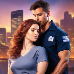 Create a romance novel cover art featuring a male EMT and a female with chestnut hair