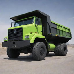 A dump truck crafted in a nuclearpunk aesthetic, fitted with radiation shielding, glowing with a post-nuclear lifespan and designed to transport hazardous radioactive materials.