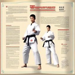 An illustrated dictionary of karate terms, featuring detailed drawings of karate techniques, stances, and equipment