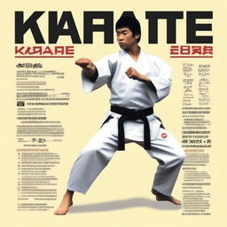 An illustrated dictionary of karate terms, featuring detailed drawings of karate techniques, stances, and equipment