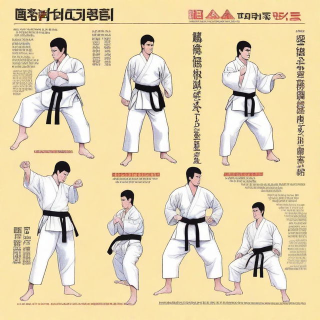 An illustrated dictionary of karate terms, featuring detailed drawings of karate techniques, stances, and equipment