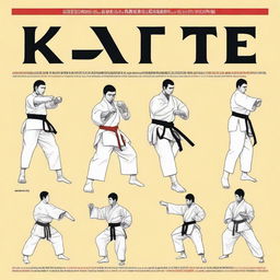 An illustrated dictionary of karate terms, featuring detailed drawings of karate techniques, stances, and equipment