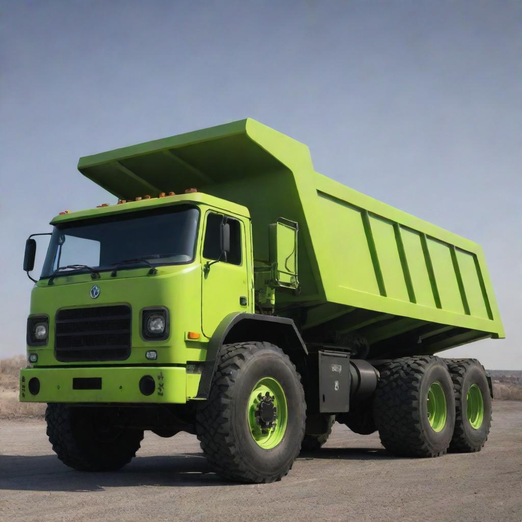 A dump truck crafted in a nuclearpunk aesthetic, fitted with radiation shielding, glowing with a post-nuclear lifespan and designed to transport hazardous radioactive materials.