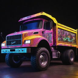 A dump truck transformed by an electropunk design, brightly lit with dynamic neon colors, contrasted with metallic surfaces and an overload of high-voltage energy.