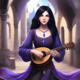 A female human bard with a lute, having black hair and blue eyes