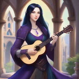 A female human bard with a lute, having black hair and blue eyes