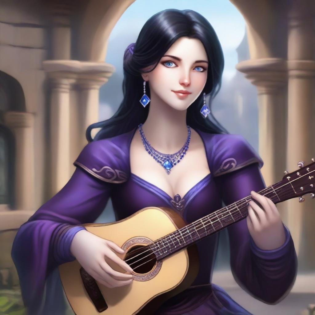 A female human bard with a lute, having black hair and blue eyes