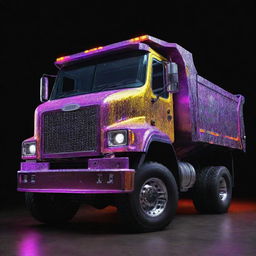 A dump truck transformed by an electropunk design, brightly lit with dynamic neon colors, contrasted with metallic surfaces and an overload of high-voltage energy.