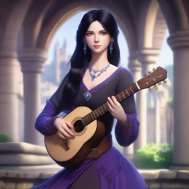 A female human bard with a lute, having black hair and blue eyes