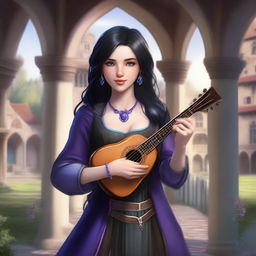 A female human bard with a lute, having black hair and blue eyes