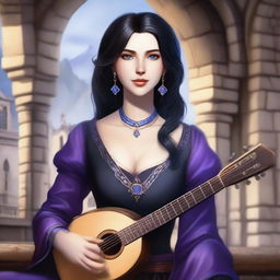 A female human bard with a lute, having black hair and blue eyes