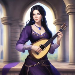 A female human bard with a lute, having black hair and blue eyes