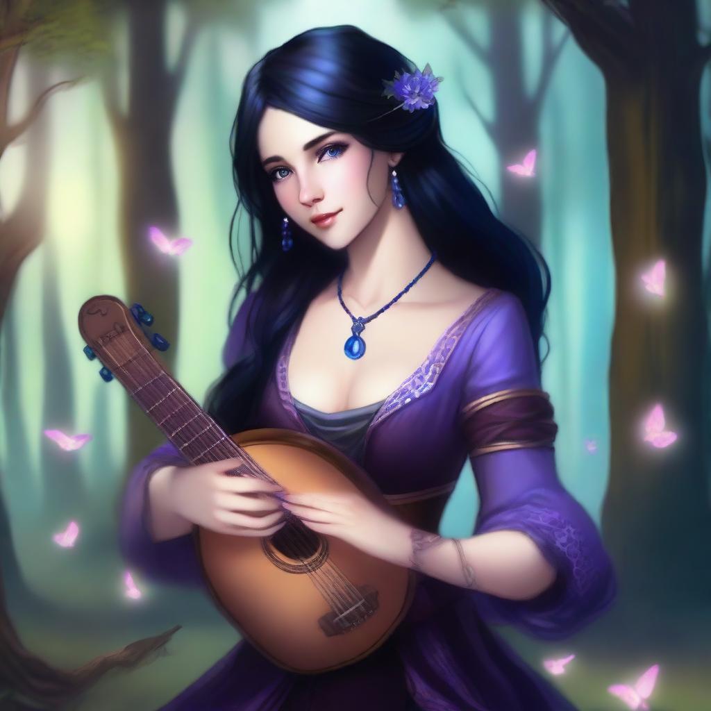 A female human bard with black hair and blue eyes