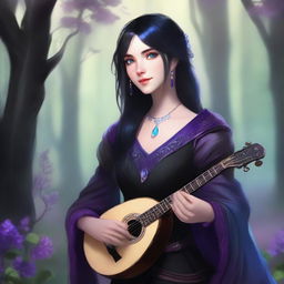 A female human bard with black hair and blue eyes