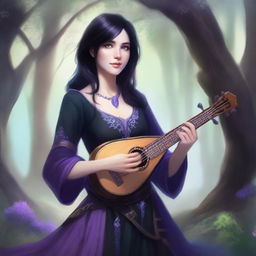 A female human bard with black hair and blue eyes