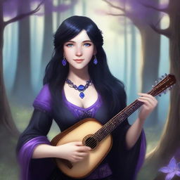 A female human bard with black hair and blue eyes