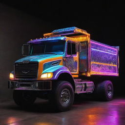 A dump truck transformed by an electropunk design, brightly lit with dynamic neon colors, contrasted with metallic surfaces and an overload of high-voltage energy.