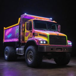 A dump truck transformed by an electropunk design, brightly lit with dynamic neon colors, contrasted with metallic surfaces and an overload of high-voltage energy.