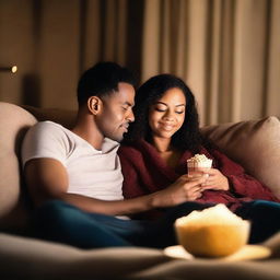 A romantic couple watching a movie together on a cozy sofa, surrounded by warm ambient lighting