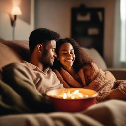 A romantic couple watching a movie together on a cozy sofa, surrounded by warm ambient lighting