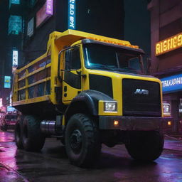 A dump truck reformed in a cyberpunk spectacle, glistening with neon-lit outlines, equipped with high-tech monitoring devices, and carrying digital load indicators.