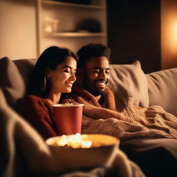 A romantic couple watching a movie together on a cozy sofa, surrounded by warm ambient lighting