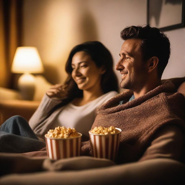 A romantic couple watching a movie together on a cozy sofa, surrounded by warm ambient lighting