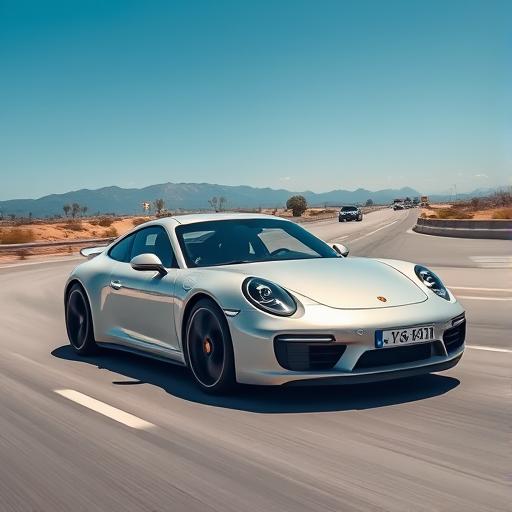 A sleek Porsche sports car driving on a highway