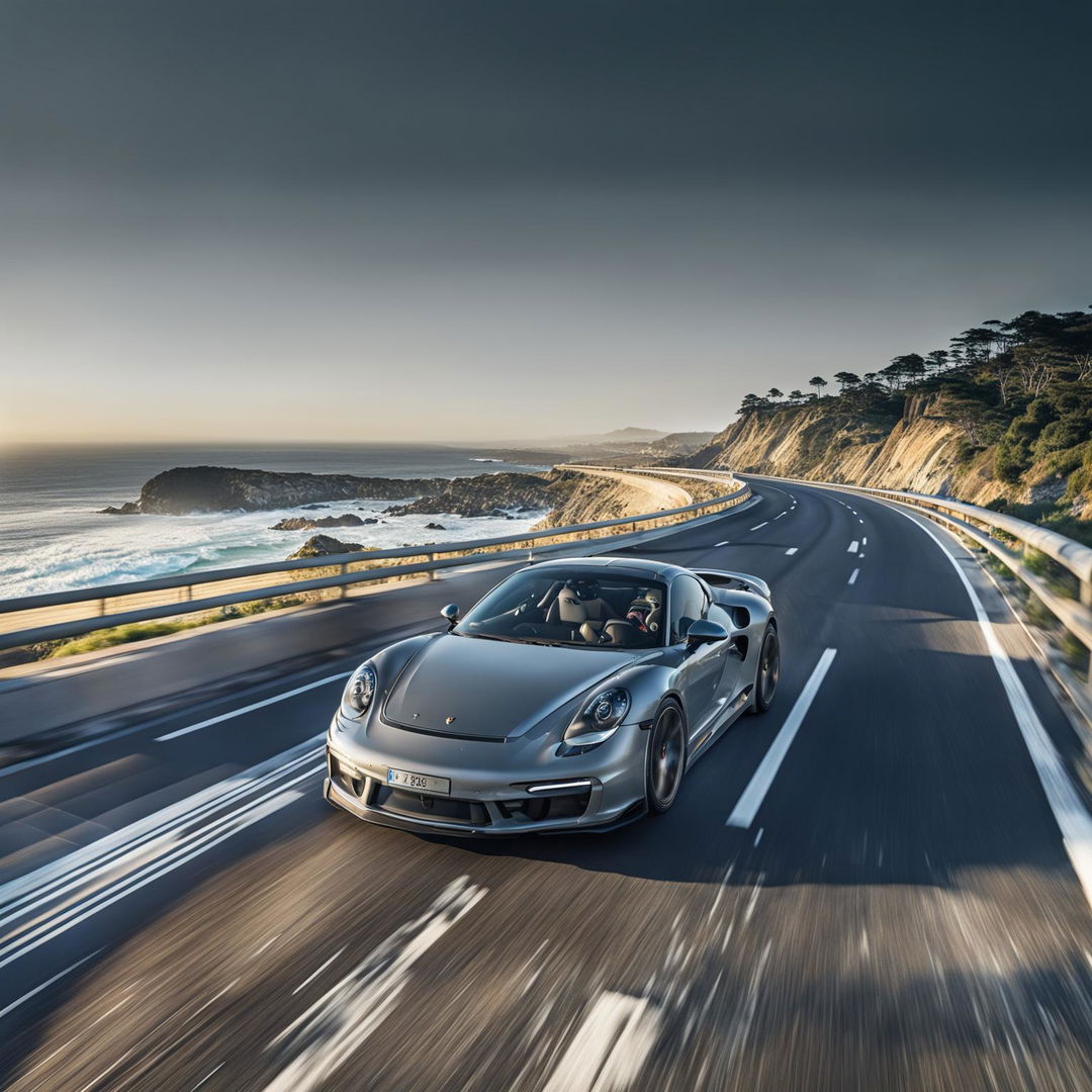 A sleek Porsche sports car driving along a stunning ocean cliff highway, with breathtaking views of the ocean, a clear sky, and lush greenery lining the winding road