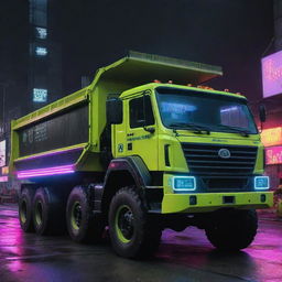 A dump truck reformed in a cyberpunk spectacle, glistening with neon-lit outlines, equipped with high-tech monitoring devices, and carrying digital load indicators.