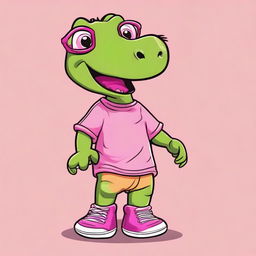 Create a T-shirt design in a basic color featuring a cute little dinosaur wearing glasses and pink crocs