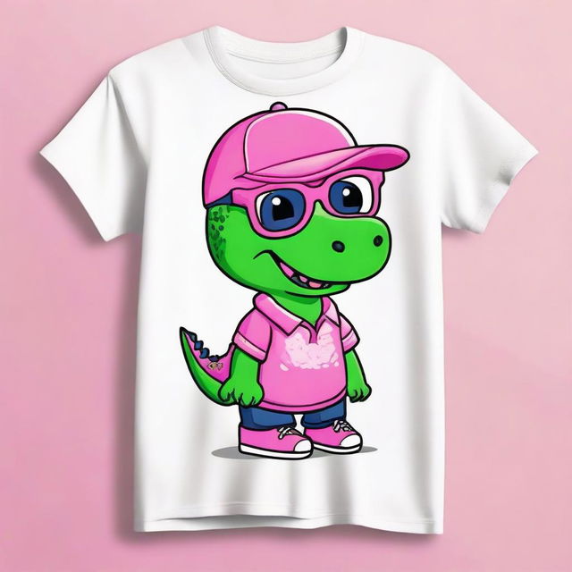 Create a T-shirt design in a basic color featuring a cute little dinosaur wearing glasses and pink crocs