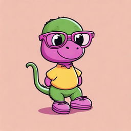 Create a T-shirt design in a basic color featuring a cute little dinosaur wearing glasses and pink crocs