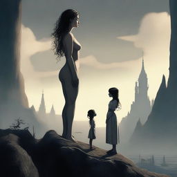 A giantess towering over a tiny figure who appears to be her slave