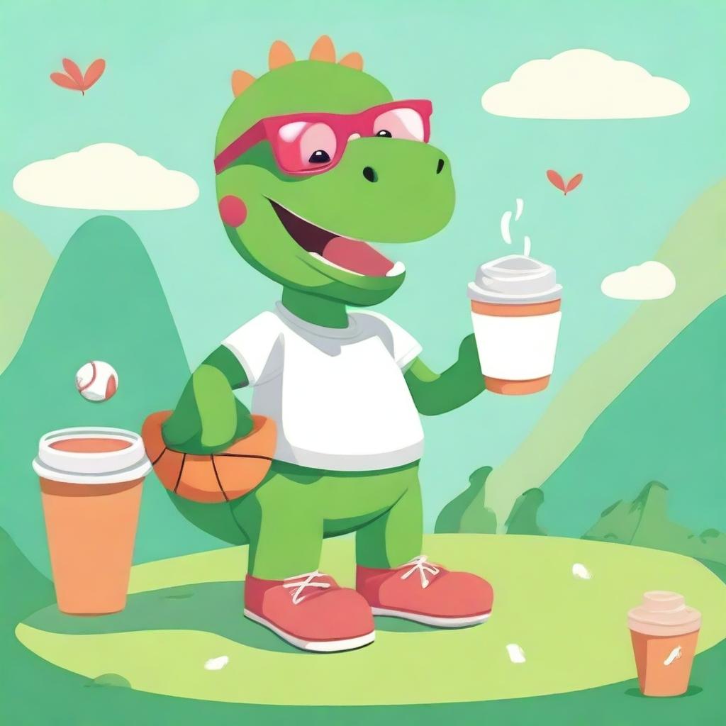 Illustrate a cute dinosaur wearing glasses, engaged in various sports activities such as playing soccer, basketball, and running