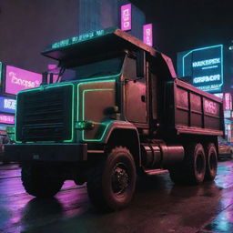 A dump truck reformed in a cyberpunk spectacle, glistening with neon-lit outlines, equipped with high-tech monitoring devices, and carrying digital load indicators.