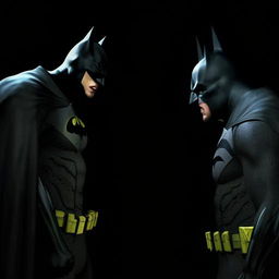 A fierce duel between an angry Batman and his mirror reflection, both wearing their iconic costumes, fighting in the shadowy Gotham City streets.