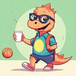 Illustrate a cute dinosaur wearing glasses, engaged in various sports activities such as playing soccer, basketball, and running