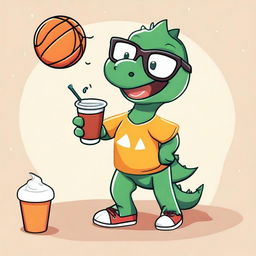 Illustrate a cute dinosaur wearing glasses, engaged in various sports activities such as playing soccer, basketball, and running