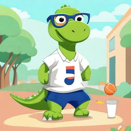 Illustrate a cute dinosaur wearing glasses, engaged in various sports activities such as playing soccer, basketball, and running