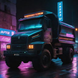 A dump truck reformed in a cyberpunk spectacle, glistening with neon-lit outlines, equipped with high-tech monitoring devices, and carrying digital load indicators.