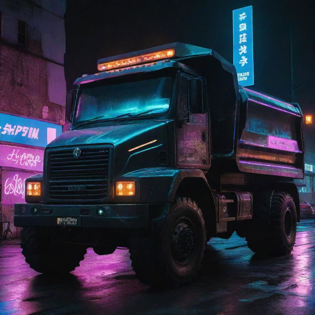 A dump truck reformed in a cyberpunk spectacle, glistening with neon-lit outlines, equipped with high-tech monitoring devices, and carrying digital load indicators.