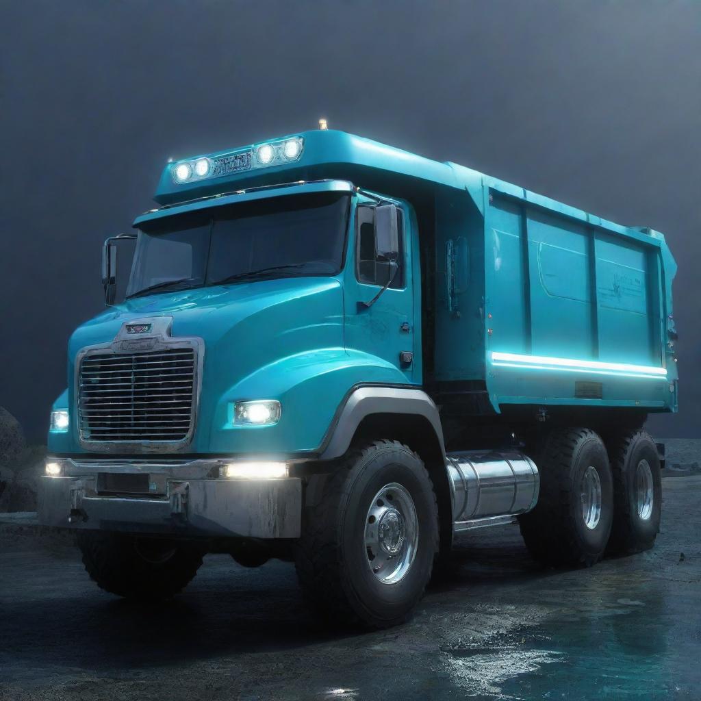 An aquapunk inspired dump truck, retrofitted for underwater use, featuring bioluminescent lights, aquatic design features, and equipped to unload materials in submerged, futuristic underwater cities.