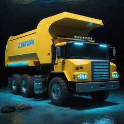 An aquapunk inspired dump truck, retrofitted for underwater use, featuring bioluminescent lights, aquatic design features, and equipped to unload materials in submerged, futuristic underwater cities.