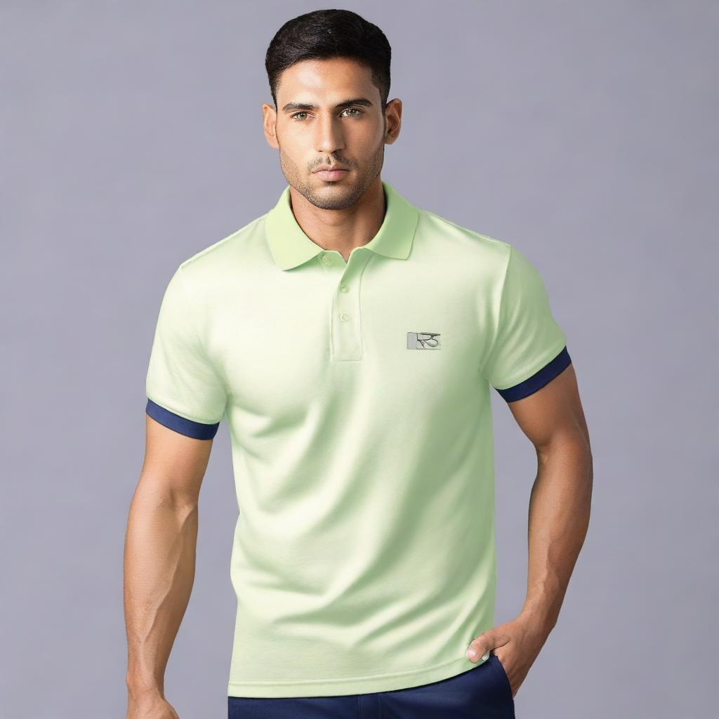 A high-quality image of a polo t-shirt featuring a sleek, modern logo for 'RJS Group' prominently displayed on the chest