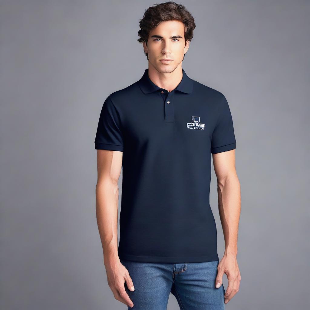 A high-quality image of a polo t-shirt featuring a sleek, modern logo for 'RJS Group' prominently displayed on the chest