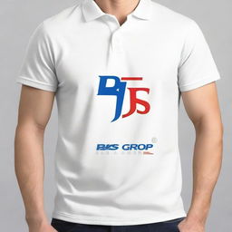 A high-quality image of a polo t-shirt featuring a sleek, modern logo for 'RJS Group' prominently displayed on the chest