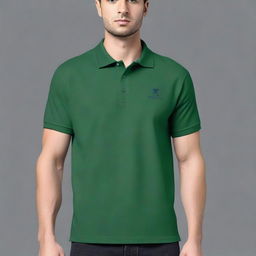 A high-quality image of a polo t-shirt featuring a sleek, modern logo for 'RJS Group' prominently displayed on the chest